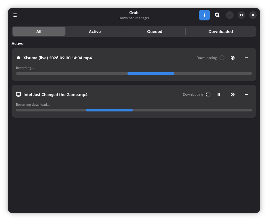 Grab with a live stream recording alongside active downloads